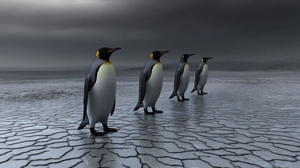 Fototapeta premium Four penguins standing on a cracked, barren landscape under a cloudy sky.