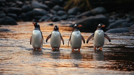 Four penguins walking in shallow water during sunset.