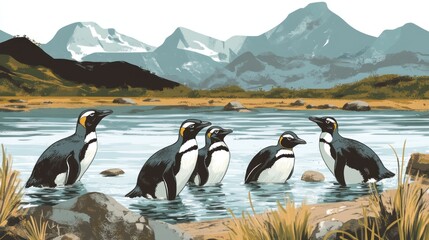 A serene landscape featuring penguins near a mountain lake.