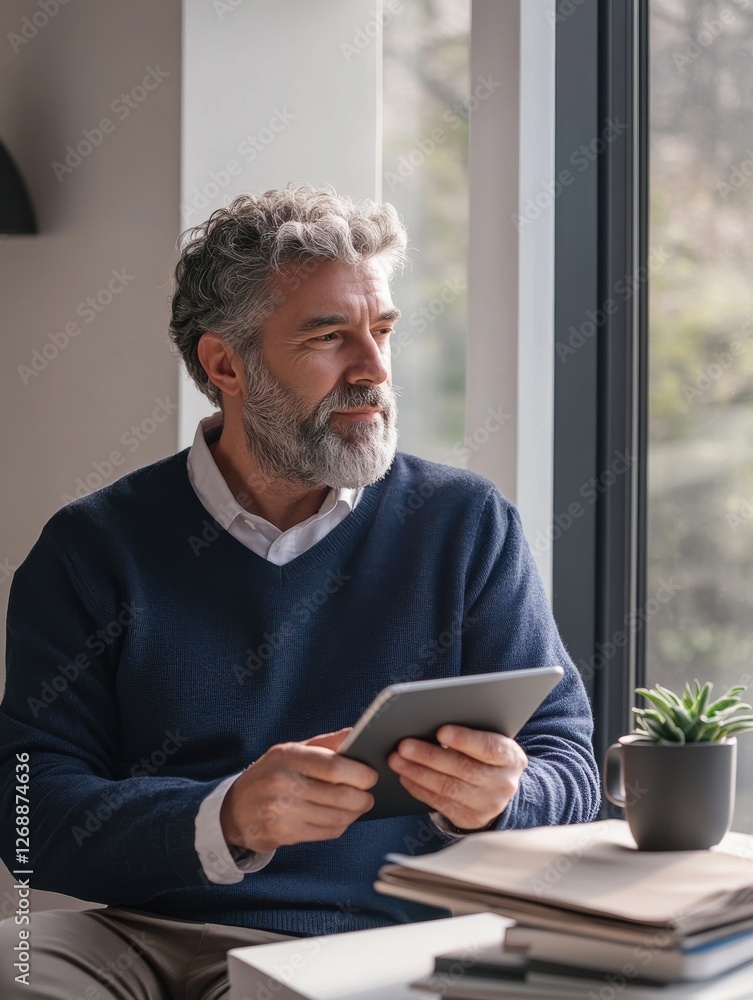 Poster serene indoor setting with a thoughtful man holding a tablet while enjoying natural light
