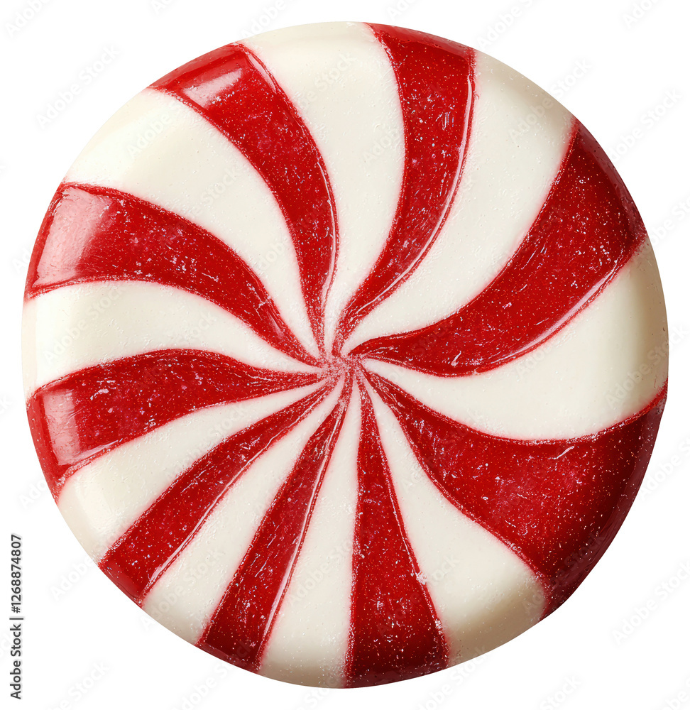 Poster close up of red and white peppermint candy with swirl pattern on transparent background