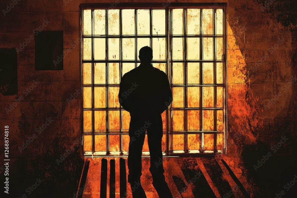 Poster silhouette of a man standing in front of a barred window