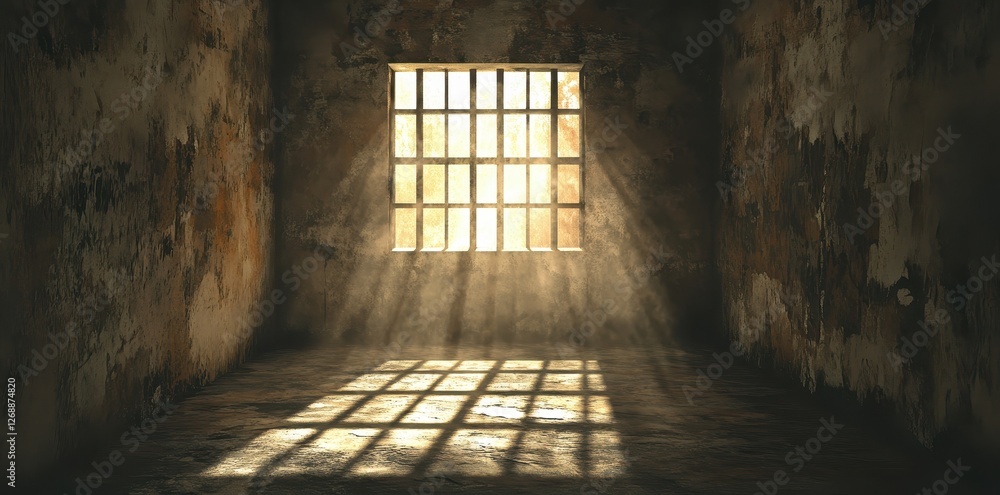 Poster light streams through a barred window in an empty room