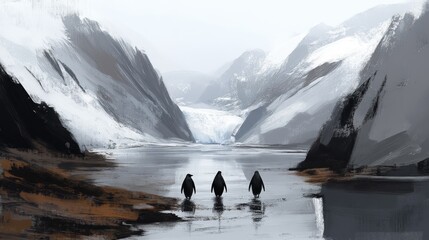 Two penguins walking in a snowy landscape with mountains and a glacier in the background.