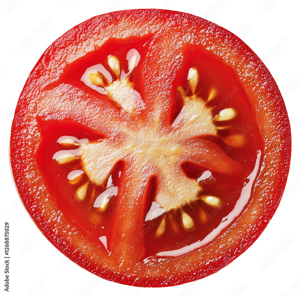 Poster close up of sliced red tomato with seeds on a transparent background