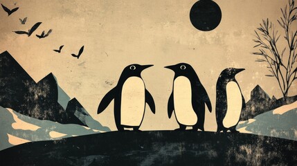 A stylized illustration of three penguins against a textured, muted background with mountains.