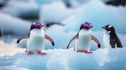 Two penguins wearing sunglasses on ice, with a third penguin in the background.