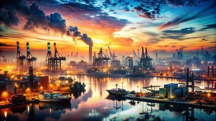 Obraz premium Dawn Industrial Action: Aerial View of a Port City's Digital Transformation