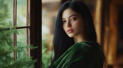 Fototapeta premium Reflective moment of a young woman in a cozy cabin surrounded by lush greenery
