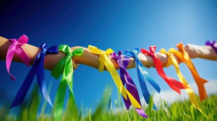 Colorful ribbons tied to arms against a blue sky, symbolizing unity and support.