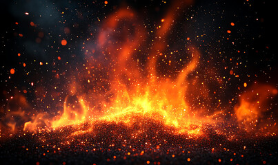 Fire embers particles over a black background. Fire sparks background. Abstract dark glitter fire particles lights. Fire sparks background