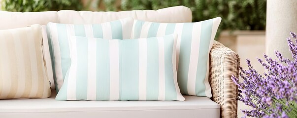 Pastel striped outdoor pillows on a wicker sofa, surrounded by blooming lavender flowers