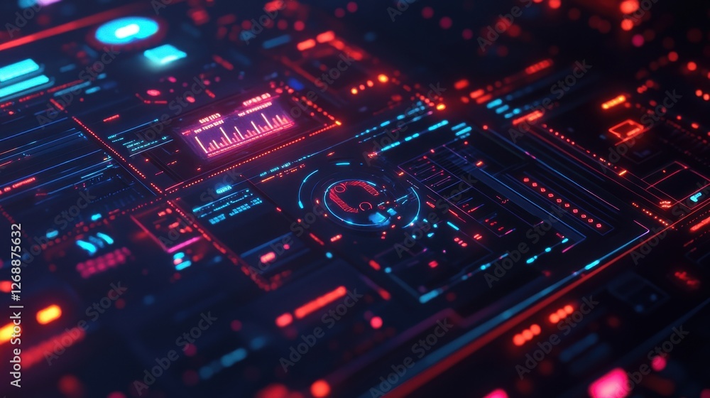 Poster detailed visual representation of a high-tech digital interface with vibrant colors and intricate pa