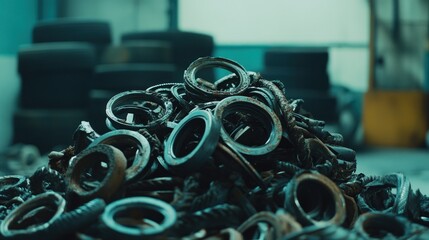 A pile of worn rubber seals and gaskets in an industrial setting.