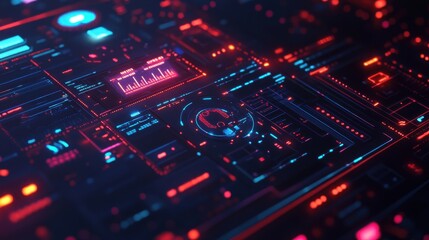 Detailed visual representation of a high-tech digital interface with vibrant colors and intricate patterns