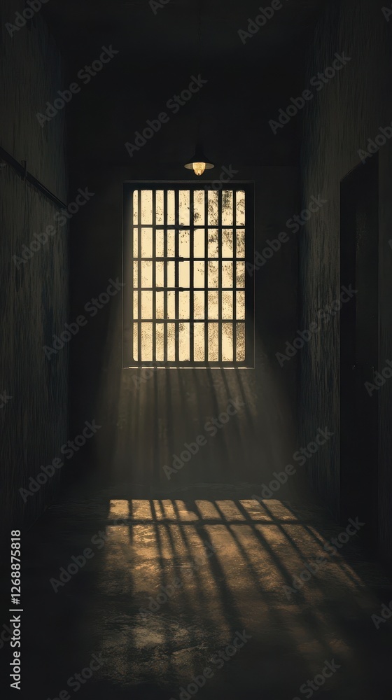 Poster light streams through a barred window into a dark prison