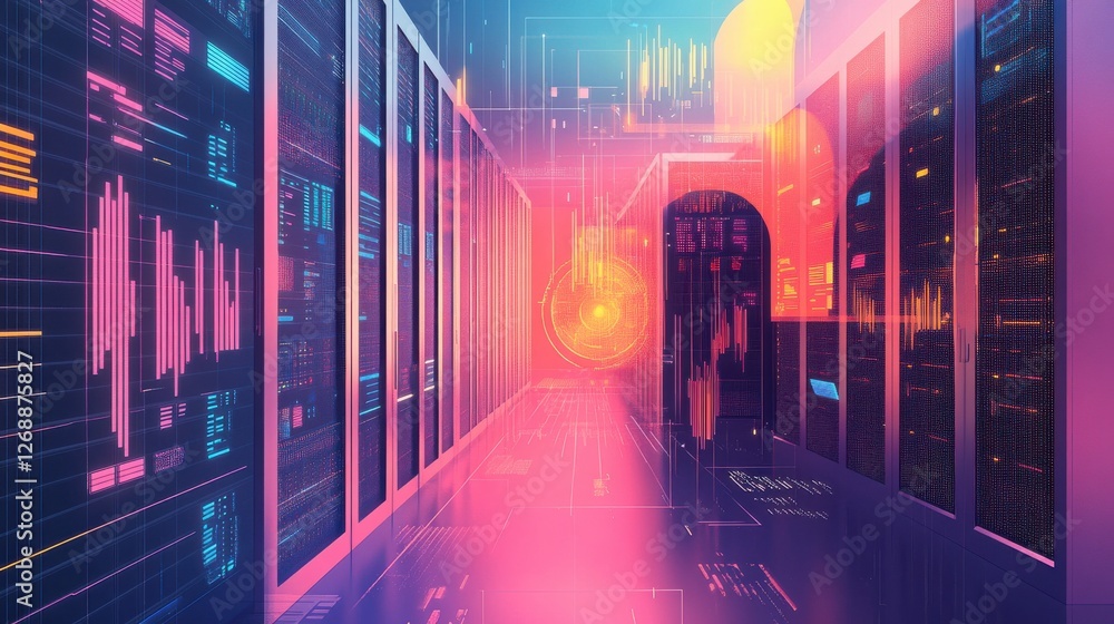 Poster polished server racks creating a vibrant data center environment with layered visual effects