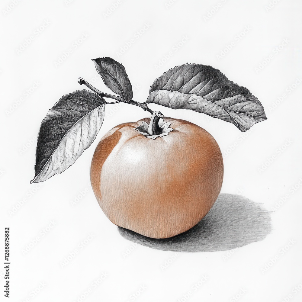 Poster illustration of a persimmon with a leafy top showcasing intricate details in a natural setting