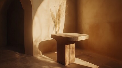 Sunlit Wooden Table With Dried Pampas Grass