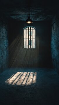 Light streams into a dark prison cell through barred window