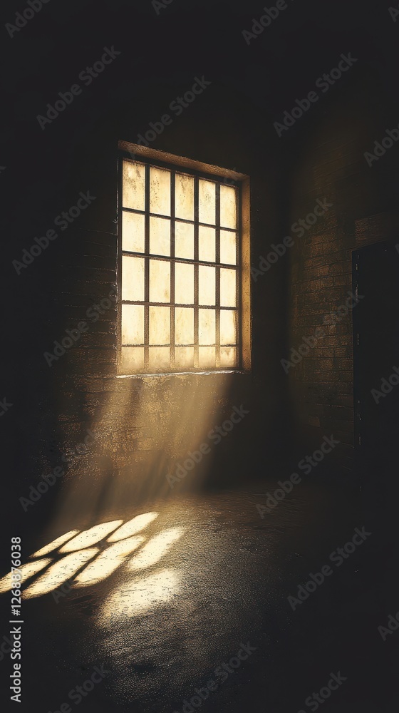 Poster light streams through a barred window illuminating a dark room