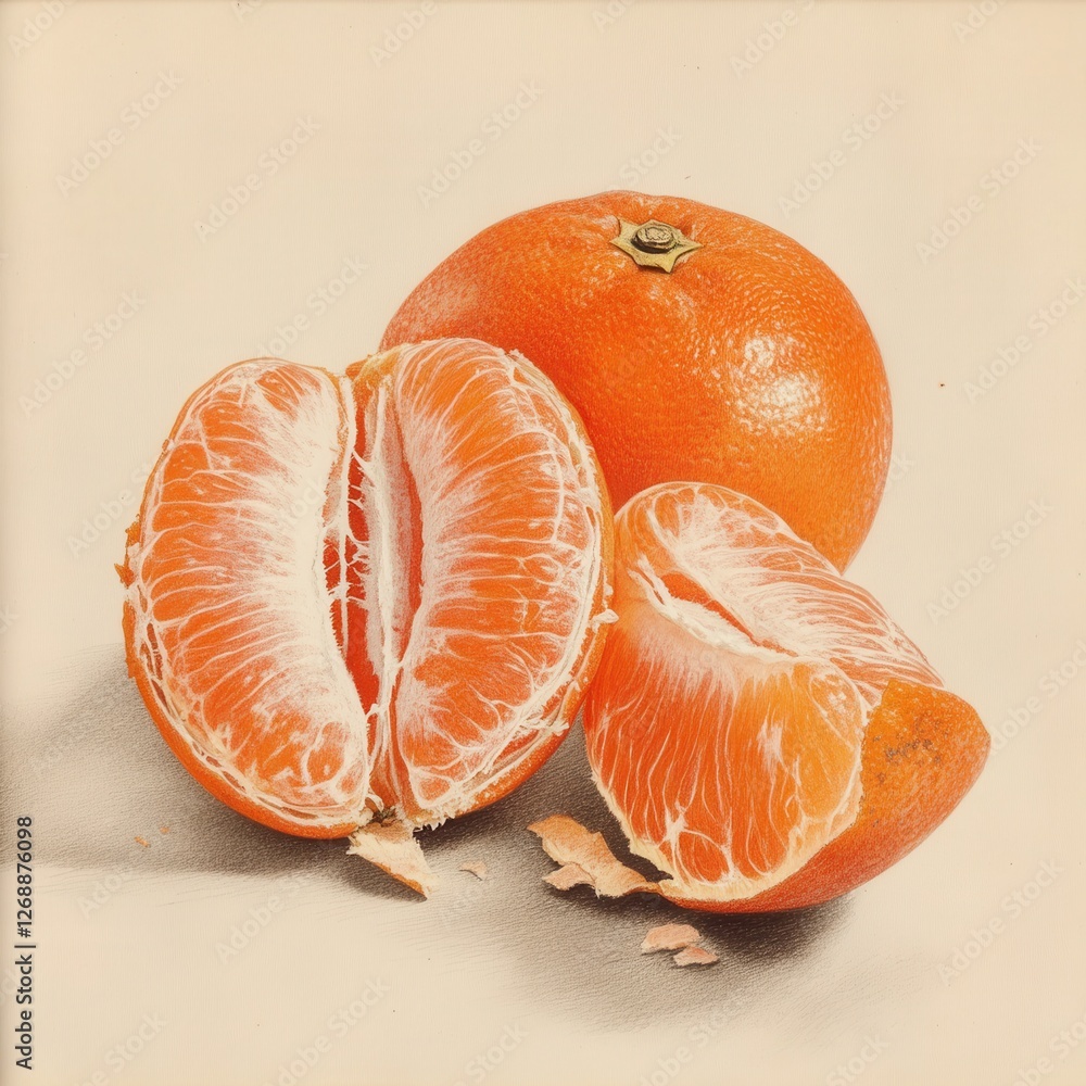 Poster vibrant peeled tangerine with exposed segments and a whole fruit displayed artfully on a simple back