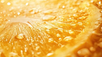 Close-up of a lemon slice with water droplets, highlighting freshness and juiciness.