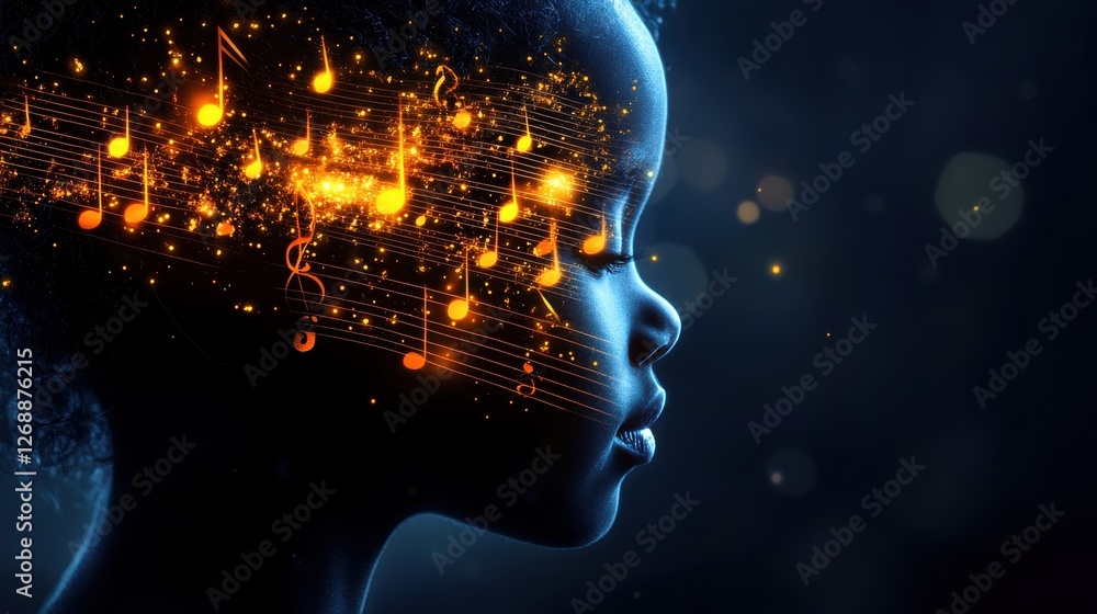 Fototapete mystical representation of a child's profile infused with musical notes and glowing particles in a d