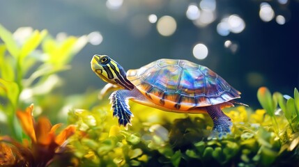 A vibrant turtle exploring a lush underwater environment surrounded by colorful plants.