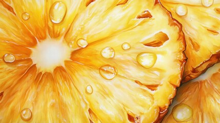 Close-up of fresh pineapple slices with droplets, highlighting texture and juiciness.