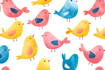 Obraz premium Seamless watercolor pattern featuring hand-painted birds in shades of pink, yellow, and blue, set against a white background in a playful and whimsical design