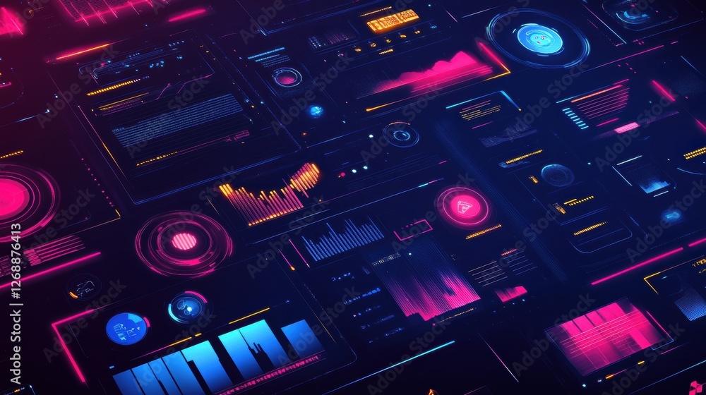 Aufkleber Colorful digital interface displaying data visuals in a modern design at night. Generative AI