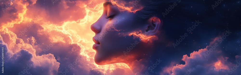 Poster mystical profile of a woman surrounded by vibrant clouds at twilight with a celestial backdrop