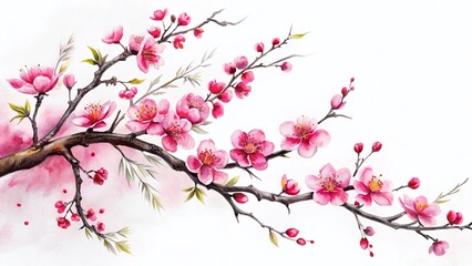 Fototapeta premium Delicate Cherry Blossom Branch Ink Painting, White Background, Spring Floral Art