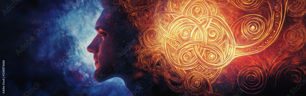 Fototapete mystical profile of a man surrounded by swirling patterns in vibrant colors highlighting depth and i
