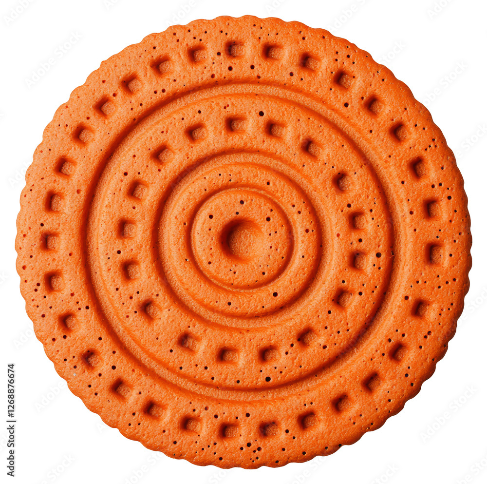 Poster detailed overhead view of an orange circular cookie with concentric pattern on transparent