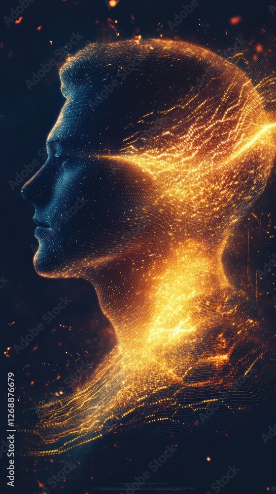 Poster mystical profile of a man illuminated with glowing patterns and abstract shapes during a night scene