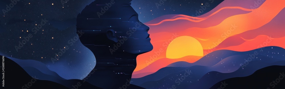 Poster mystical profile of a man set against a vibrant sunset over rolling hills with a starry sky in the b