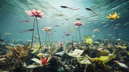 Underwater scene featuring colorful aquatic plants and marine life in a vibrant ecosystem.