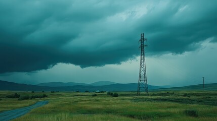 Dark Storm Clouds Over Green Field and Communication Tower Landscape