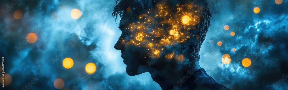 Poster mystical profile of a man infused with cosmic elements against a vibrant backdrop