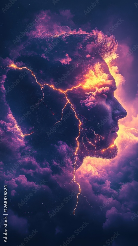 Poster mystical profile of a man illuminated by vibrant clouds and lightning in a dreamlike atmosphere