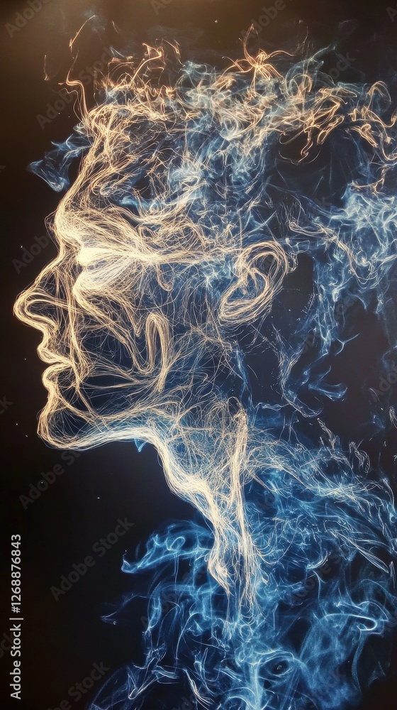 Poster Mystical profile of a man filled with flowing energy and smoke-like patterns in surreal design