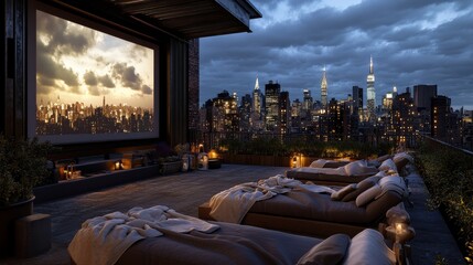 Modern rooftop cinema offers cozy lounge experience with stunning city skyline at night for movie lovers