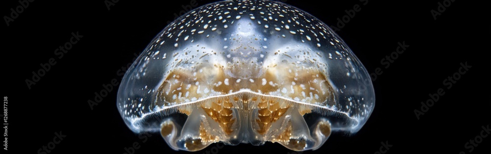 Poster macro capture showcases intricate face-like features of jellyfish against dark background