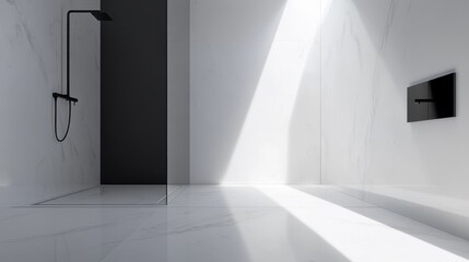 Minimalist bathroom design featuring white marble with sleek shower and fixtures for a modern aesthetic