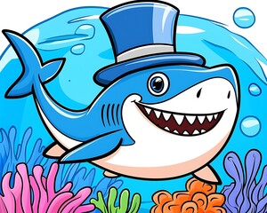 Naklejka premium Happy Cartoon Shark Wearing a Top Hat Swimming in a Coral Reef
