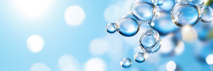 Water Bubbles Abstract Background - Close-up of transparent water bubbles against a soft blue bokeh background. Perfect for clean, fresh, and healthy themes