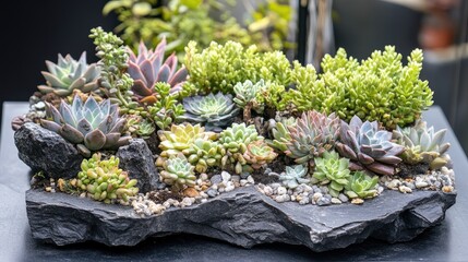Fototapeta premium A beautifully arranged rock garden with drought-resistant succulents