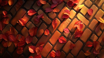 A close-up of a textured brick surface adorned with vibrant autumn leaves.